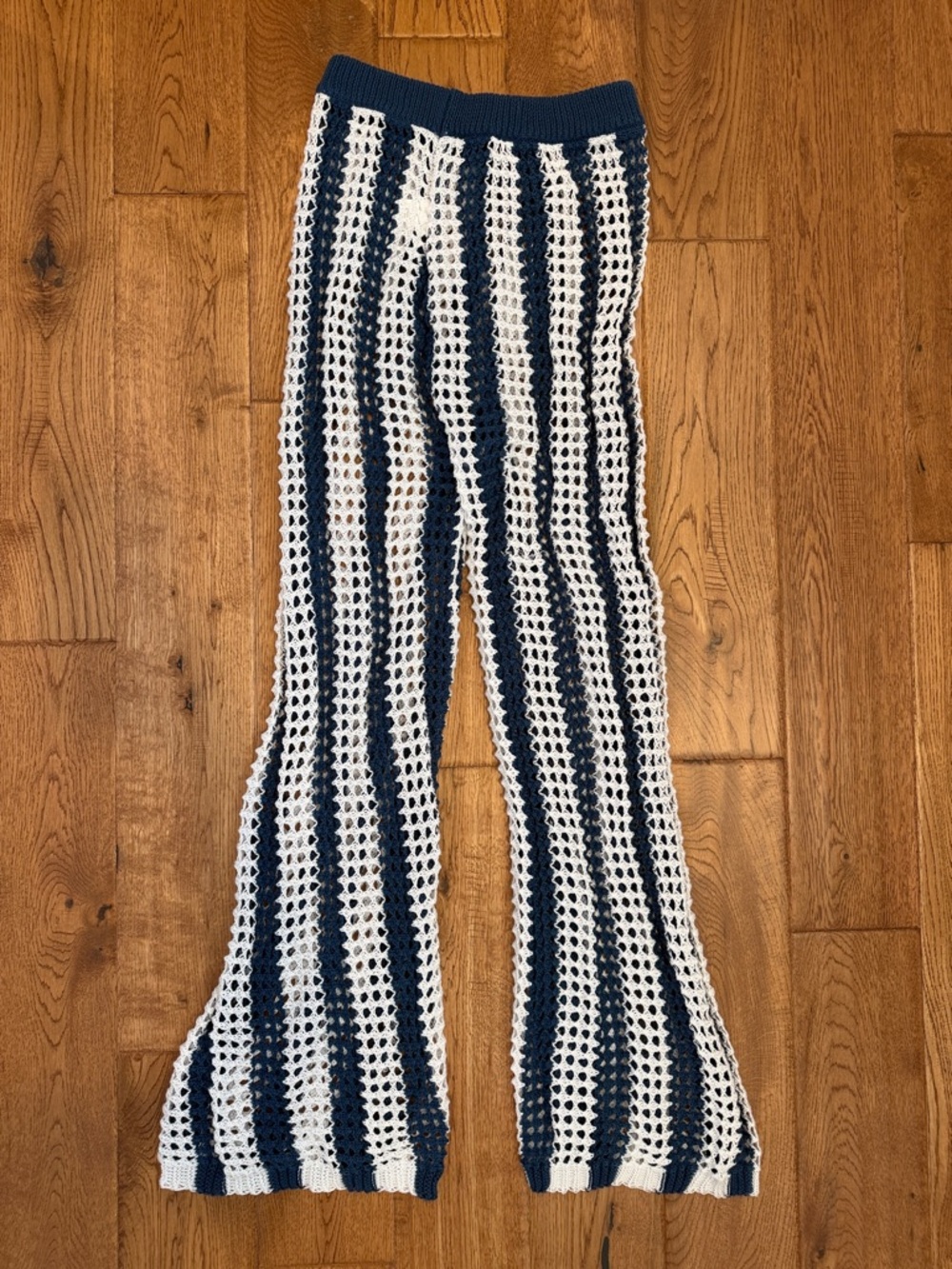 Navy & White Crochet Stripe Wide-Leg Swim Coverup Pants Size Small